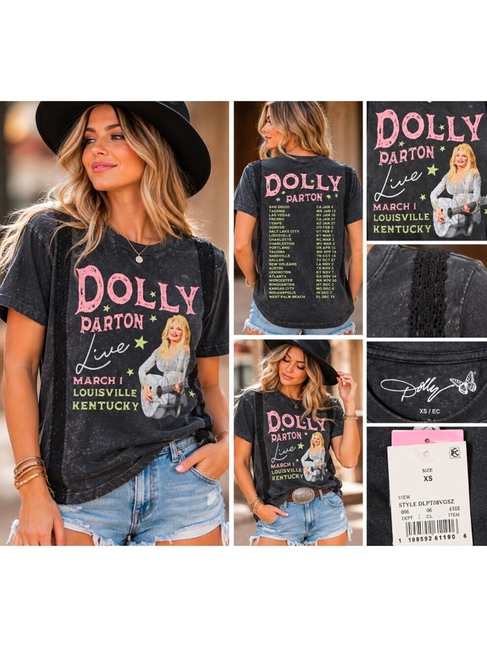 Dolly Parton Live Tour Graphic Tee XS NWT Lace Crochet Mineral Wash Country